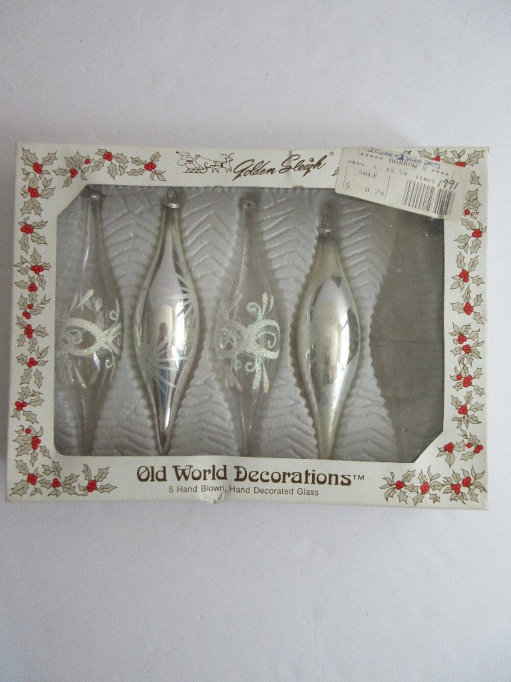 4 Golden Sleigh Old World  Glass Icicle Teardrop Christmas Ornaments *READ*